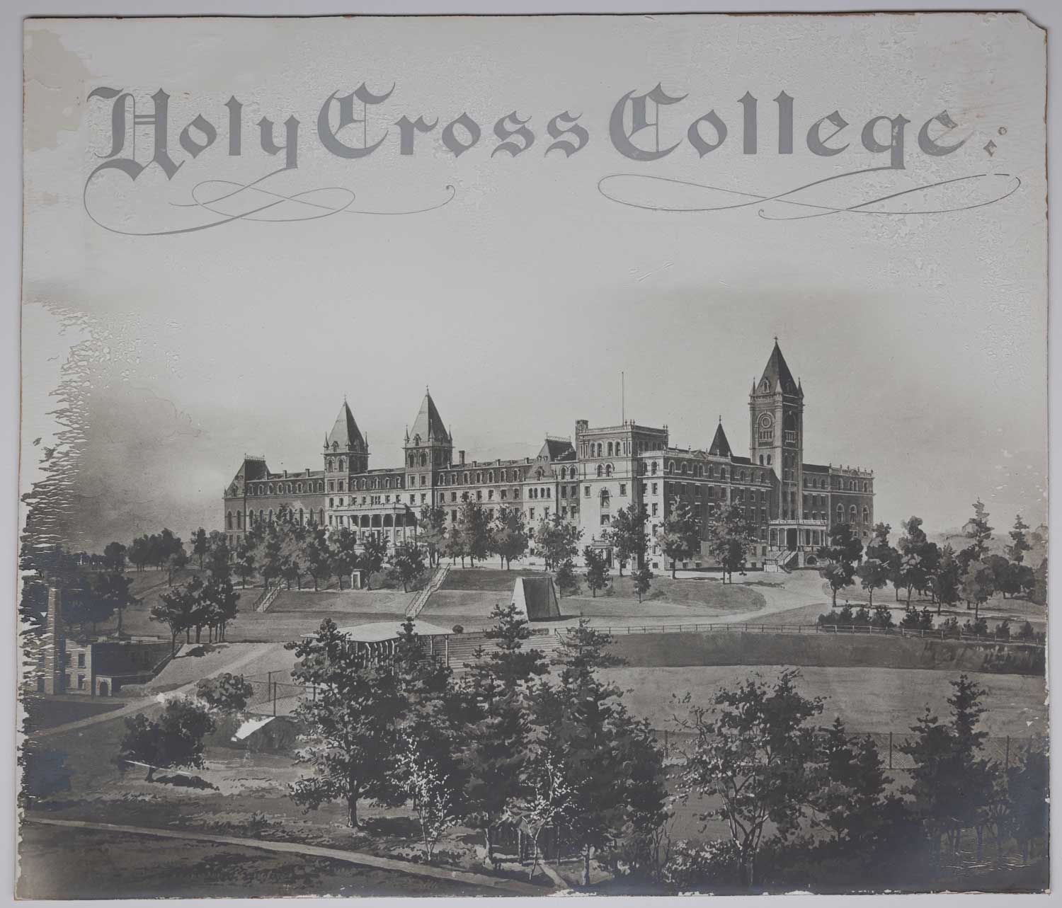 Historical engraving of the Holy Cross College main building.