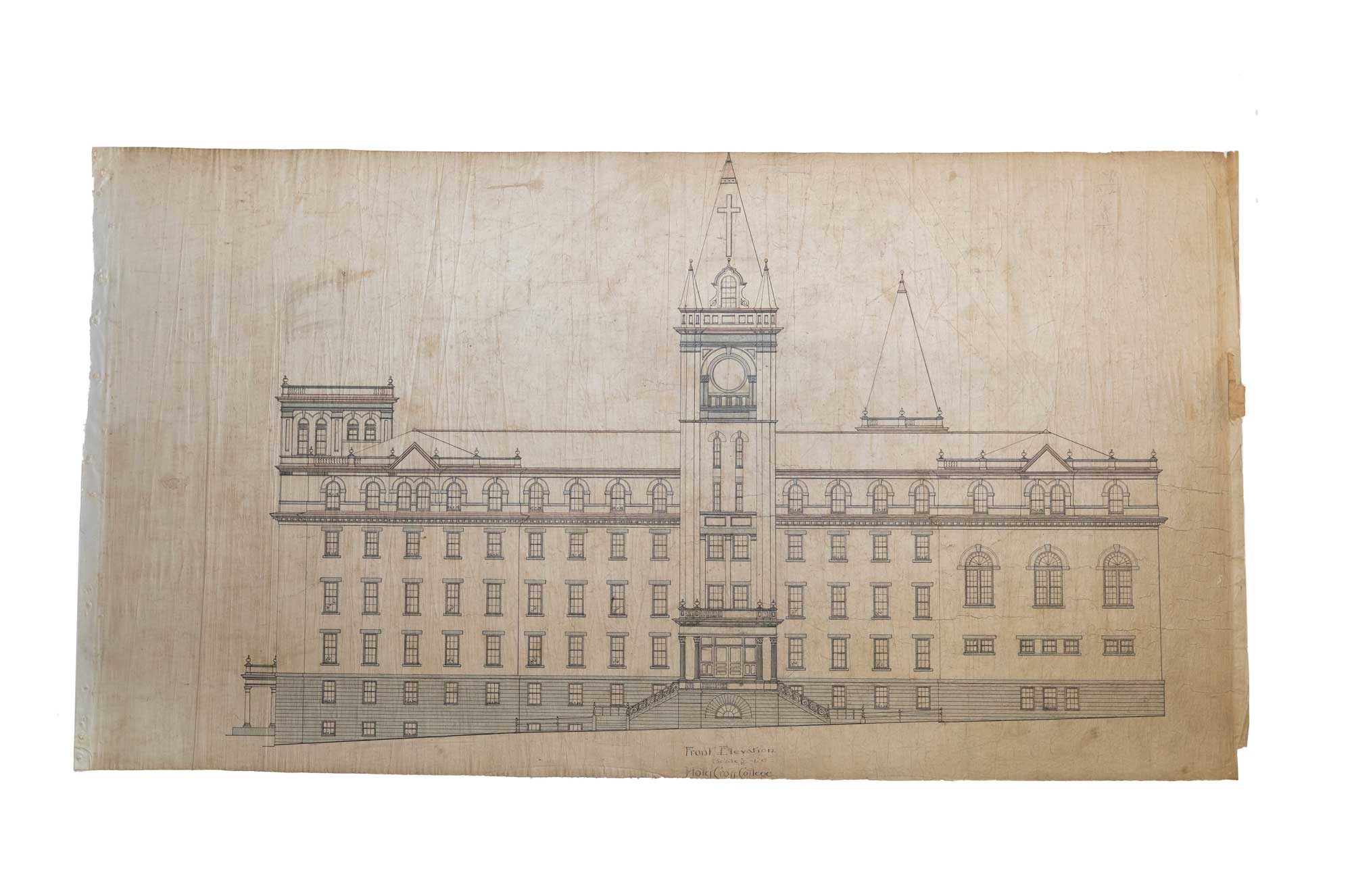 Original architectural blueprint of the college front elevation.